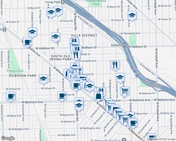 map of restaurants, bars, coffee shops, grocery stores, and more near 3403 North Springfield Avenue in Chicago