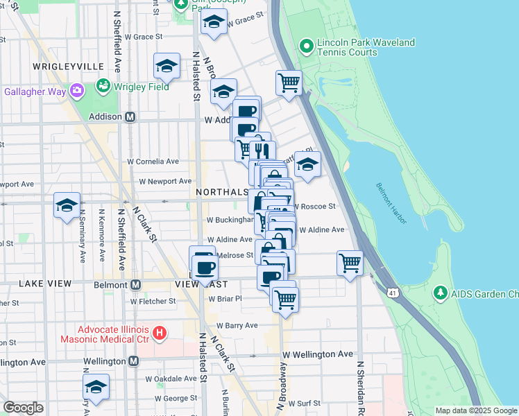 map of restaurants, bars, coffee shops, grocery stores, and more near 627 West Roscoe Street in Chicago