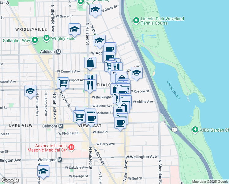 map of restaurants, bars, coffee shops, grocery stores, and more near 650 West Buckingham Place in Chicago