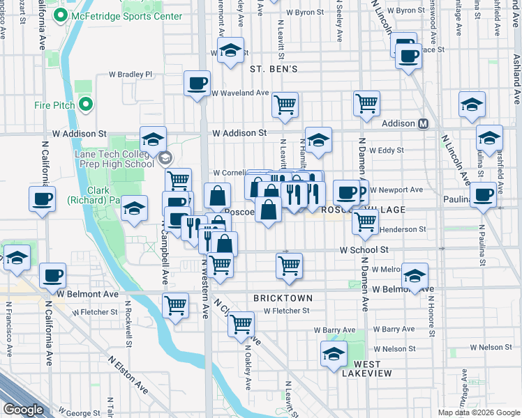 map of restaurants, bars, coffee shops, grocery stores, and more near 2234 West Roscoe Street in Chicago
