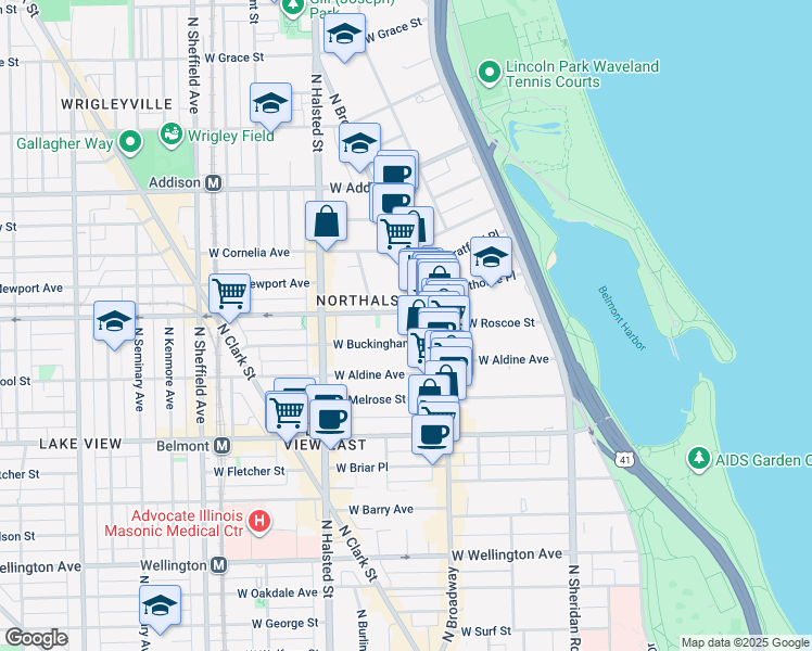 map of restaurants, bars, coffee shops, grocery stores, and more near 641 West Roscoe Street in Chicago