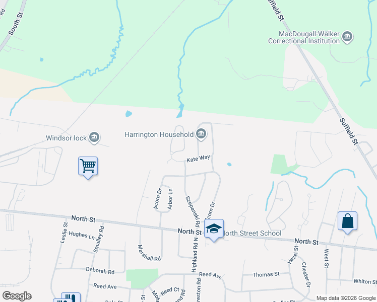 map of restaurants, bars, coffee shops, grocery stores, and more near 6 Kate Way in Windsor Locks