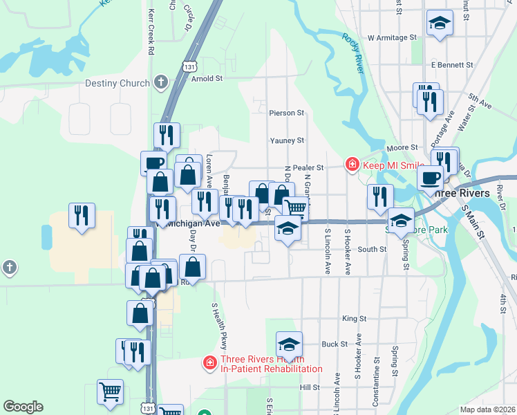 map of restaurants, bars, coffee shops, grocery stores, and more near 1005 West Michigan Avenue in Three Rivers