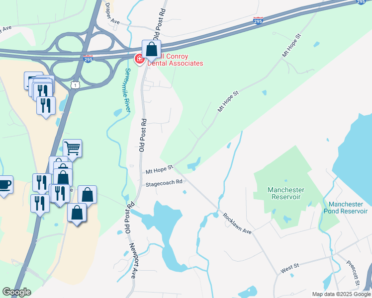 map of restaurants, bars, coffee shops, grocery stores, and more near 32 Mount Hope Street in North Attleborough