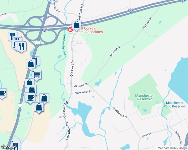 map of restaurants, bars, coffee shops, grocery stores, and more near 32 Mount Hope Street in North Attleborough