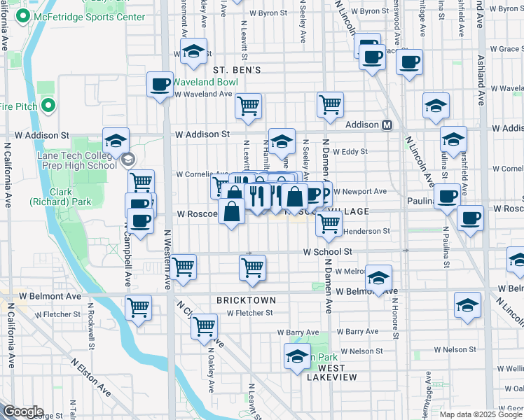 map of restaurants, bars, coffee shops, grocery stores, and more near 2139 West Roscoe Street in Chicago