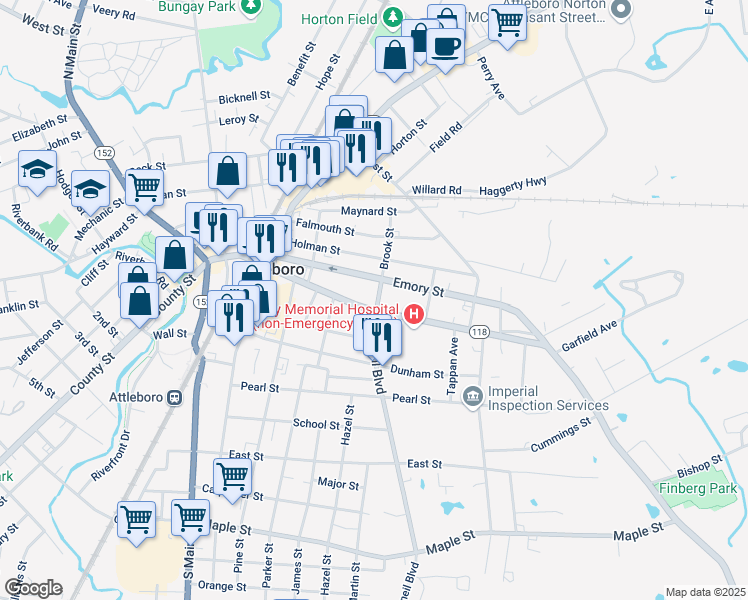 map of restaurants, bars, coffee shops, grocery stores, and more near 167 Park Street in Attleboro