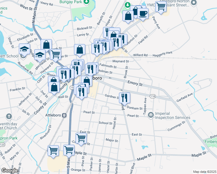 map of restaurants, bars, coffee shops, grocery stores, and more near 6 Park Avenue in Attleboro