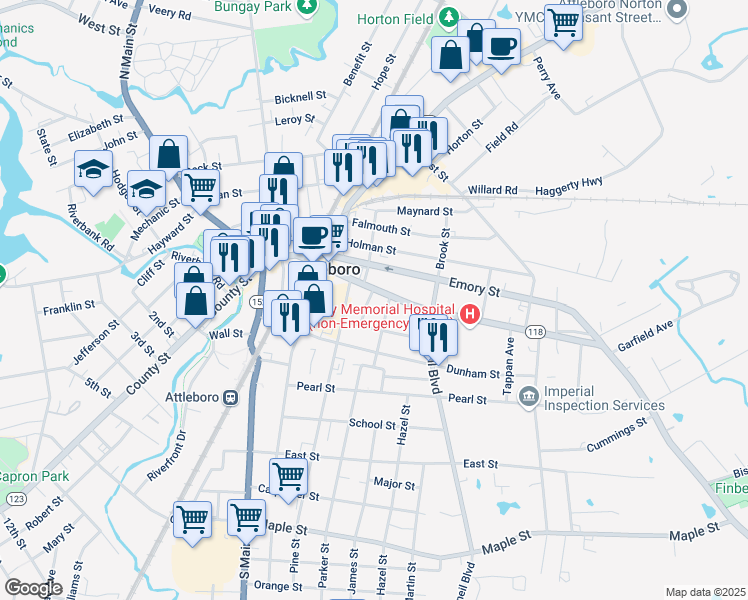 map of restaurants, bars, coffee shops, grocery stores, and more near 7 Howard Avenue in Attleboro