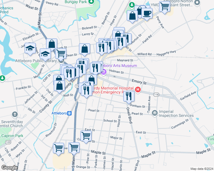 map of restaurants, bars, coffee shops, grocery stores, and more near 7 Howard Avenue in Attleboro