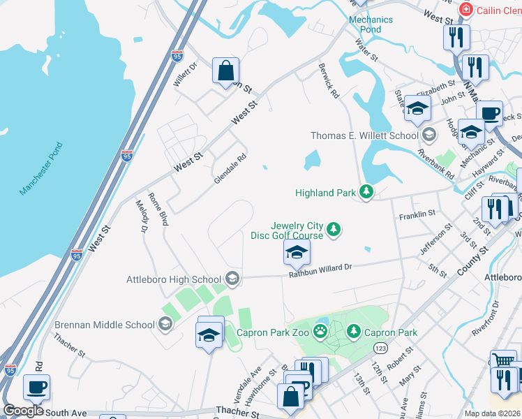 map of restaurants, bars, coffee shops, grocery stores, and more near 150 Fairway Drive in Attleboro