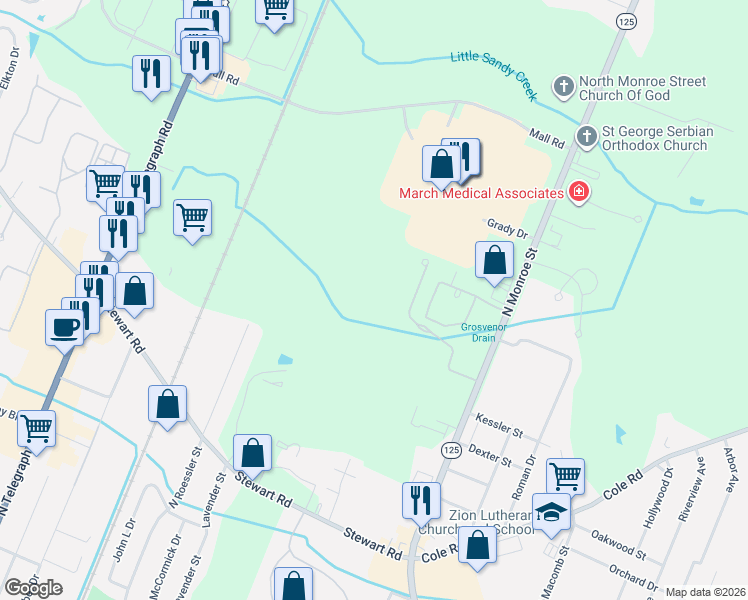 map of restaurants, bars, coffee shops, grocery stores, and more near 1835 Winding Meadows Drive in Monroe