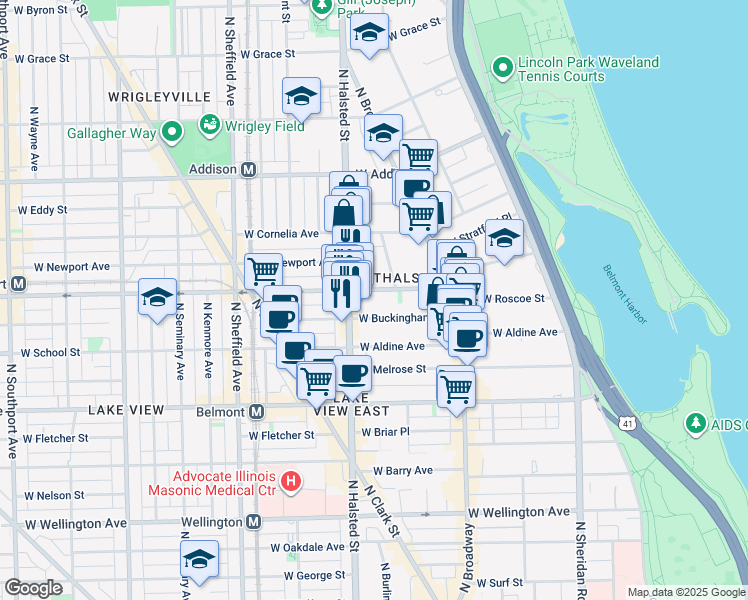 map of restaurants, bars, coffee shops, grocery stores, and more near 726 West Buckingham Place in Chicago