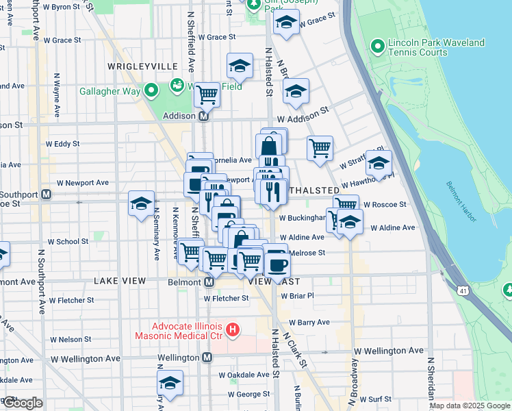map of restaurants, bars, coffee shops, grocery stores, and more near 840 West Buckingham Place in Chicago