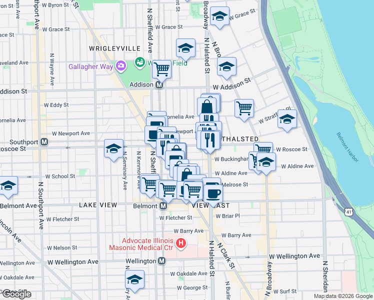 map of restaurants, bars, coffee shops, grocery stores, and more near 840 West Buckingham Place in Chicago