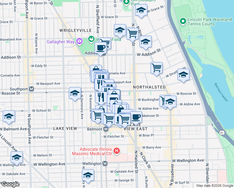 map of restaurants, bars, coffee shops, grocery stores, and more near 3341 North Clark Street in Chicago