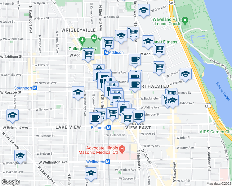 map of restaurants, bars, coffee shops, grocery stores, and more near 3341 North Clark Street in Chicago