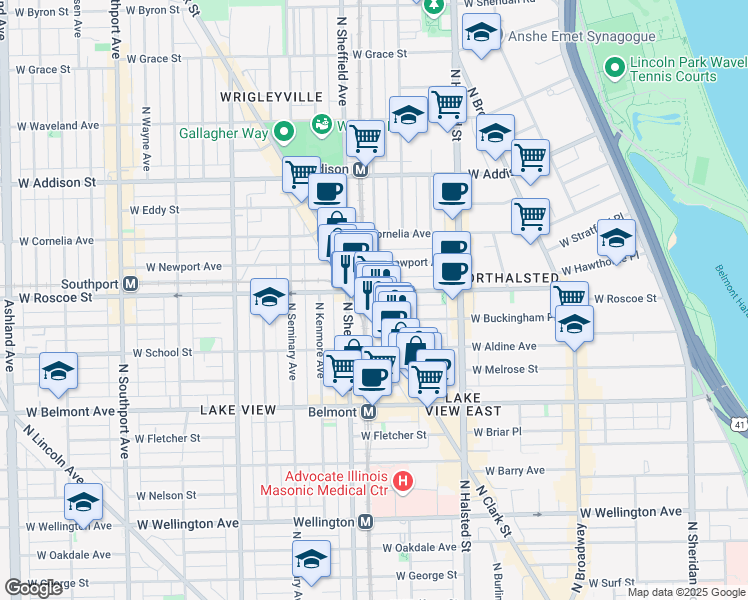 map of restaurants, bars, coffee shops, grocery stores, and more near 3341 North Clark Street in Chicago