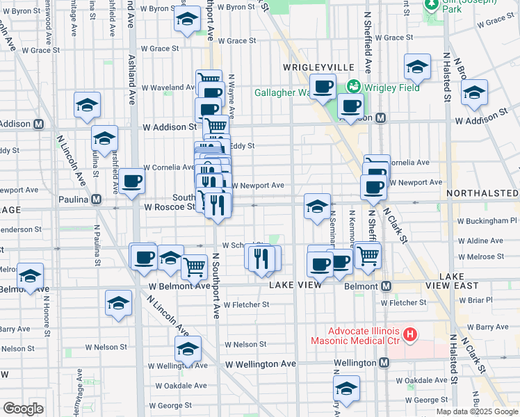 map of restaurants, bars, coffee shops, grocery stores, and more near 3346 North Lakewood Avenue in Chicago