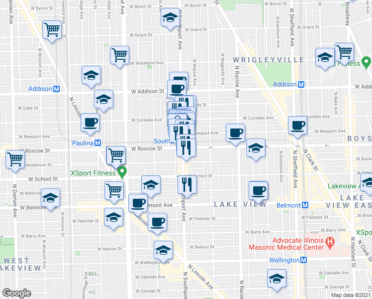 map of restaurants, bars, coffee shops, grocery stores, and more near 1341 West Roscoe Street in Chicago
