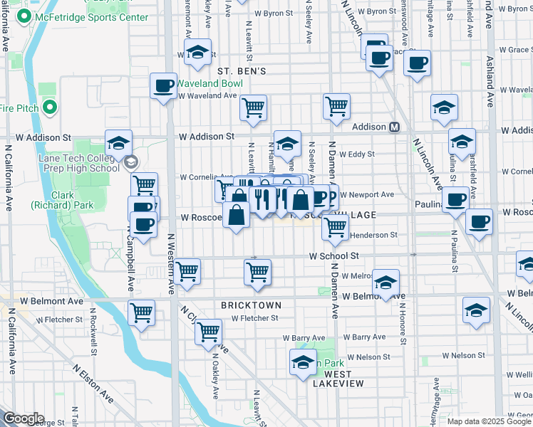 map of restaurants, bars, coffee shops, grocery stores, and more near 2139 West Roscoe Street in Chicago