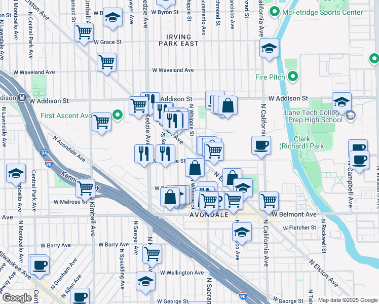 map of restaurants, bars, coffee shops, grocery stores, and more near 3407 North Albany Avenue in Chicago