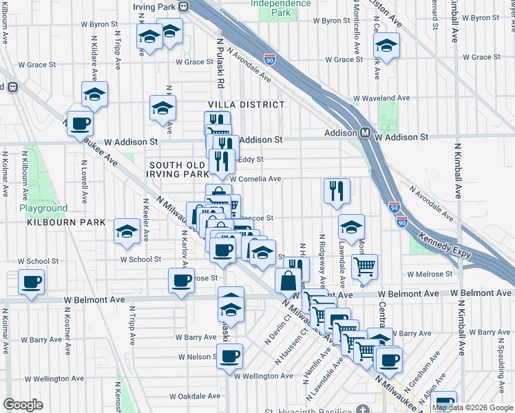 map of restaurants, bars, coffee shops, grocery stores, and more near 3403 North Springfield Avenue in Chicago