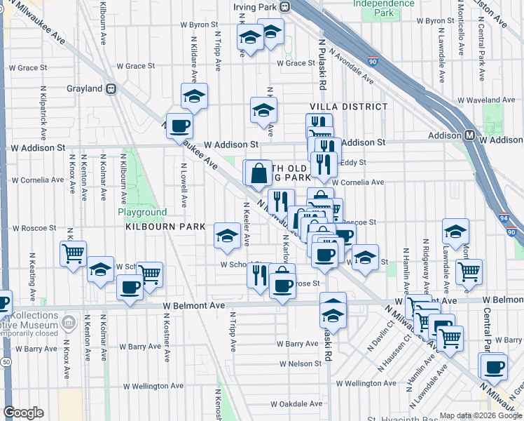 map of restaurants, bars, coffee shops, grocery stores, and more near 3377 North Kedvale Avenue in Chicago
