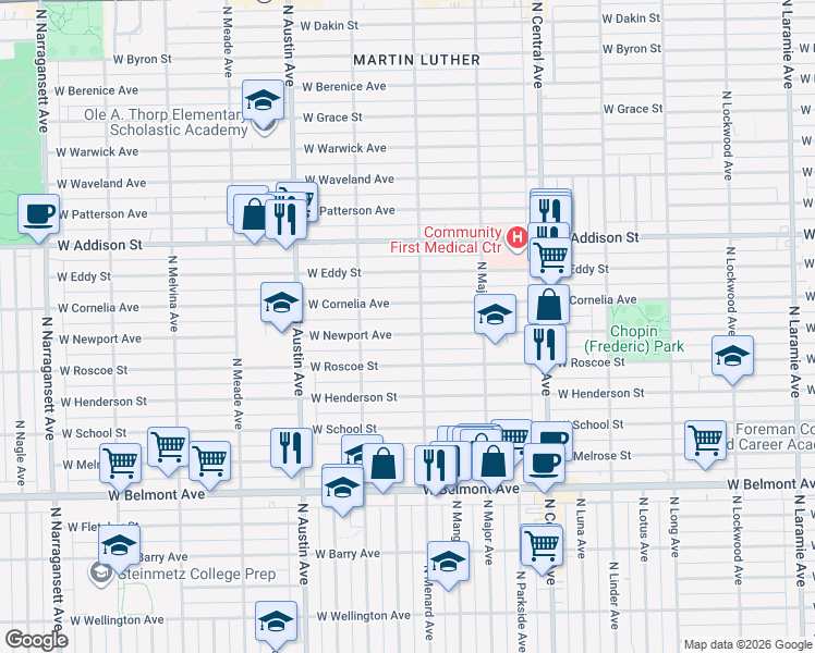 map of restaurants, bars, coffee shops, grocery stores, and more near 5829 West Newport Avenue in Chicago