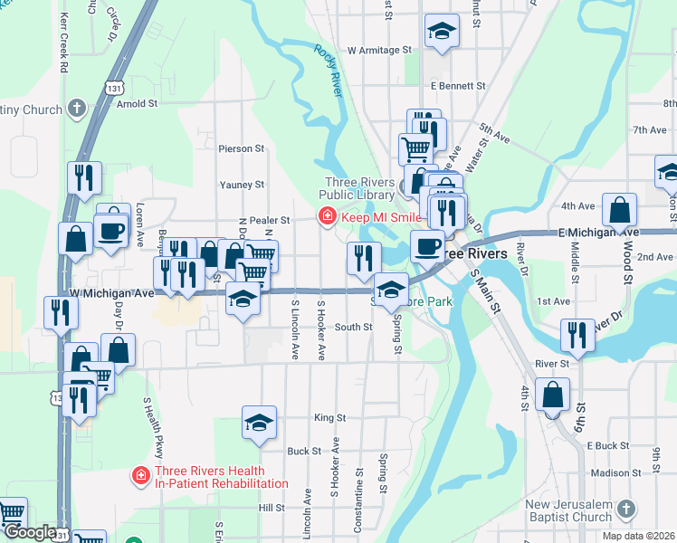 map of restaurants, bars, coffee shops, grocery stores, and more near 401-499 West Michigan Avenue in Three Rivers