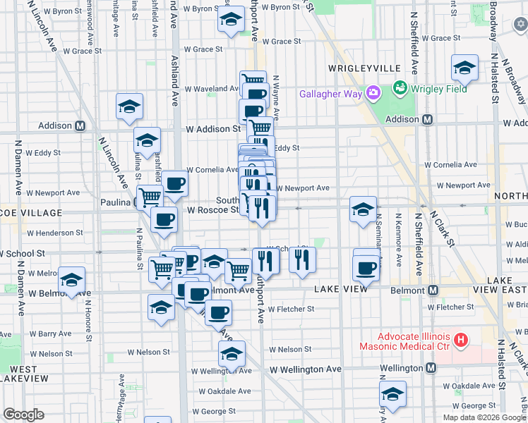 map of restaurants, bars, coffee shops, grocery stores, and more near 1351 West Roscoe Street in Chicago