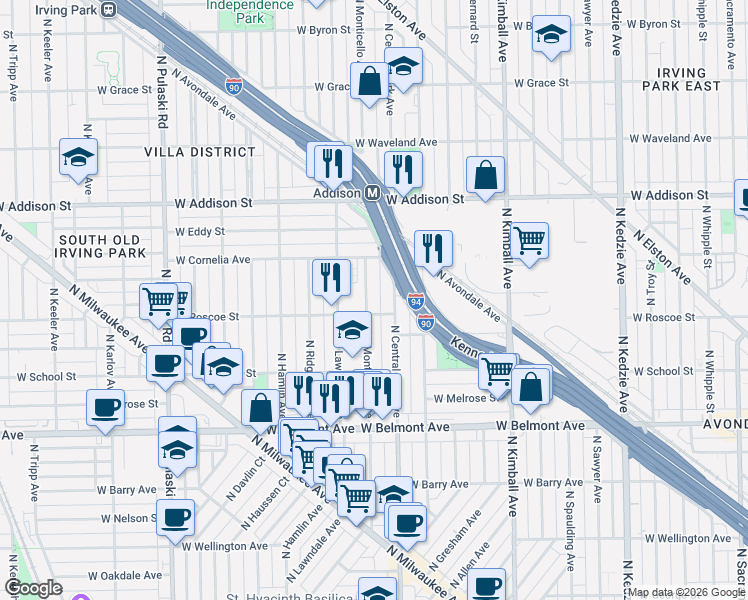 map of restaurants, bars, coffee shops, grocery stores, and more near 3405 North Monticello Avenue in Chicago