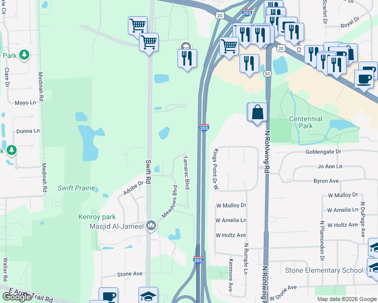 map of restaurants, bars, coffee shops, grocery stores, and more near 821 Tamarac Boulevard in Addison