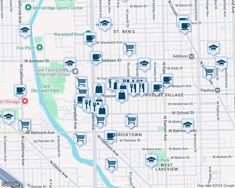 map of restaurants, bars, coffee shops, grocery stores, and more near 2236 West Roscoe Street in Chicago