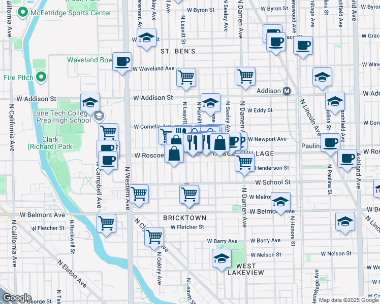 map of restaurants, bars, coffee shops, grocery stores, and more near 2139 West Roscoe Street in Chicago