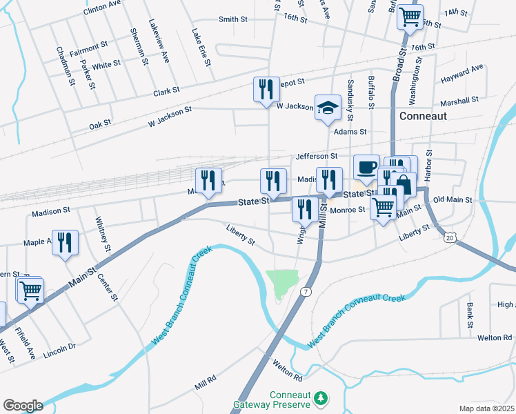 map of restaurants, bars, coffee shops, grocery stores, and more near 518 Main Street in Conneaut