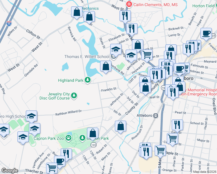 map of restaurants, bars, coffee shops, grocery stores, and more near 55 4th Street in Attleboro