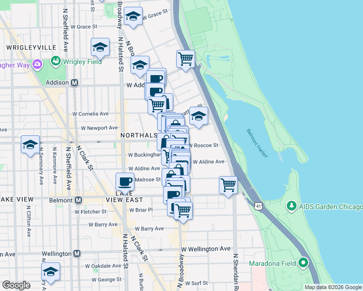 map of restaurants, bars, coffee shops, grocery stores, and more near 539 West Roscoe Street in Chicago