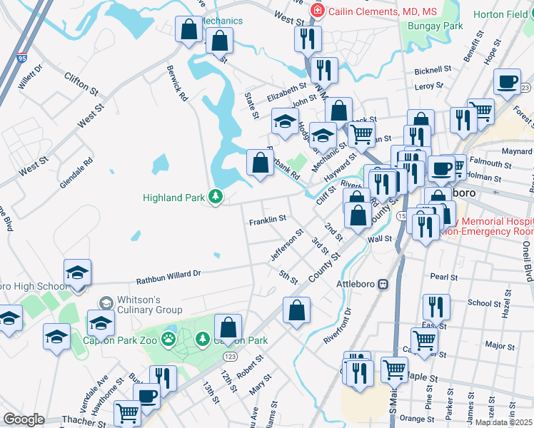 map of restaurants, bars, coffee shops, grocery stores, and more near 55 4th Street in Attleboro