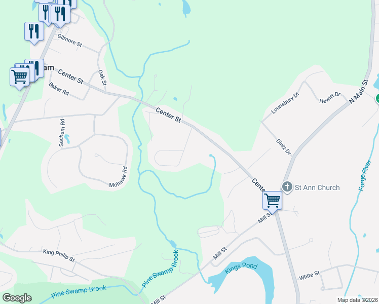 map of restaurants, bars, coffee shops, grocery stores, and more near 447 Center Street in Raynham