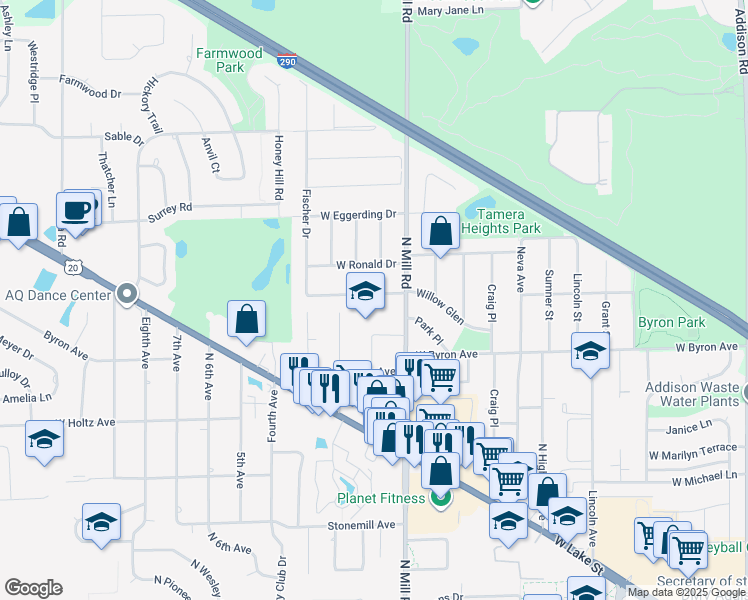 map of restaurants, bars, coffee shops, grocery stores, and more near 641 Willow Glen in Addison
