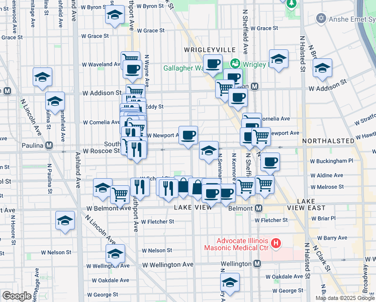 map of restaurants, bars, coffee shops, grocery stores, and more near 1216 West Roscoe Street in Chicago