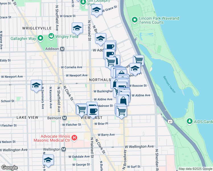 map of restaurants, bars, coffee shops, grocery stores, and more near 665 West Roscoe Street in Chicago