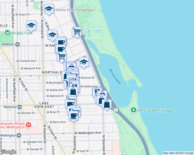 map of restaurants, bars, coffee shops, grocery stores, and more near N Lake Shore Dr & W Roscoe St in Chicago