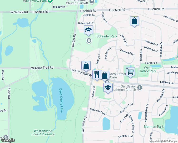 map of restaurants, bars, coffee shops, grocery stores, and more near 260 Army Trail Road in Bartlett