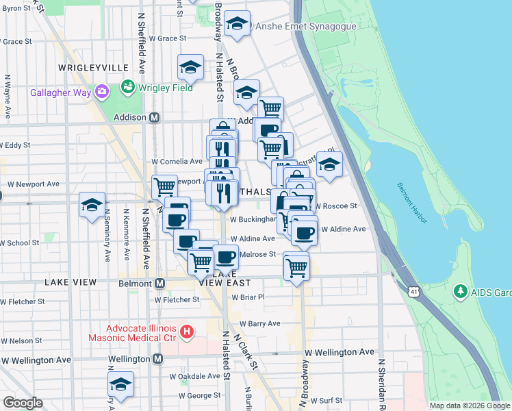 map of restaurants, bars, coffee shops, grocery stores, and more near 673 West Roscoe Street in Chicago