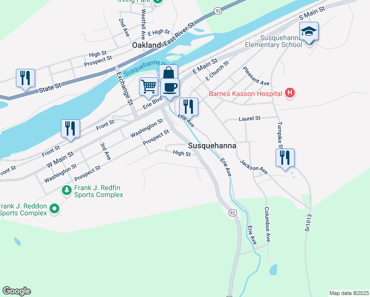 map of restaurants, bars, coffee shops, grocery stores, and more near 301-321 High Street in Susquehanna