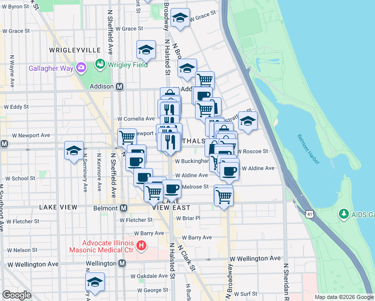 map of restaurants, bars, coffee shops, grocery stores, and more near 709 West Roscoe Street in Chicago