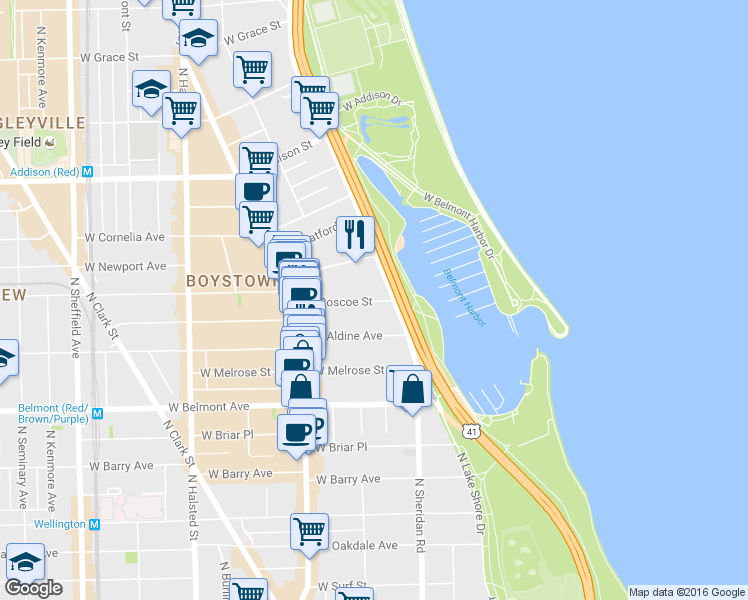map of restaurants, bars, coffee shops, grocery stores, and more near 437 West Roscoe Street in Chicago