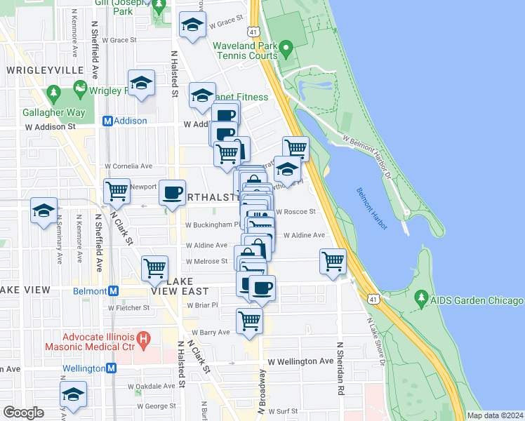 map of restaurants, bars, coffee shops, grocery stores, and more near 539 West Roscoe Street in Chicago